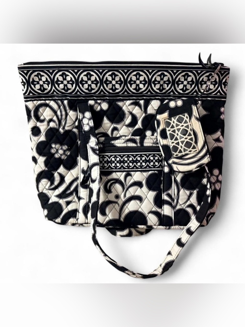 Vera Bradley Black & White Quilted Tote Bag W/Matching ID holder